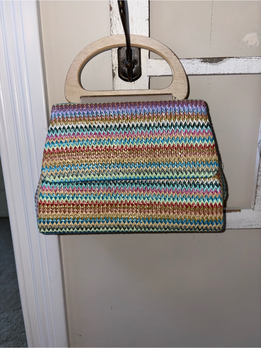 Multicolor Striped Woven Clutch with Wooden Handle